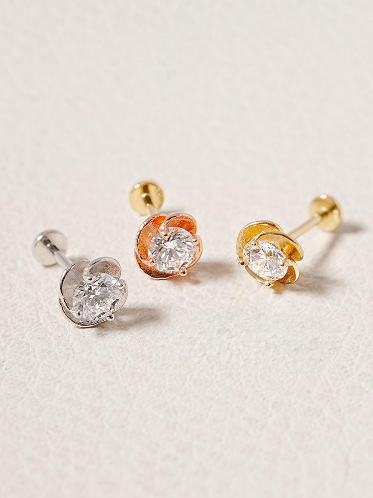 14K Solid Gold Lab Diamond Rose Internally Threaded Labret Piercing 20G