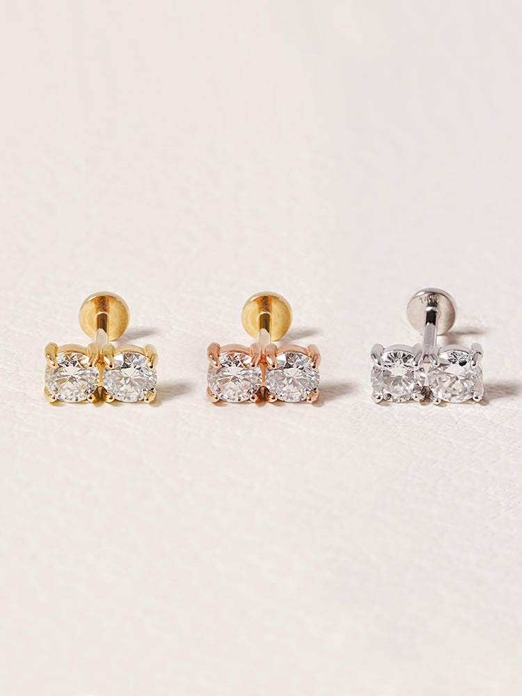 14K Solid Gold Lab Diamond Twin Stud Internally Threaded Labret Piercing 20G