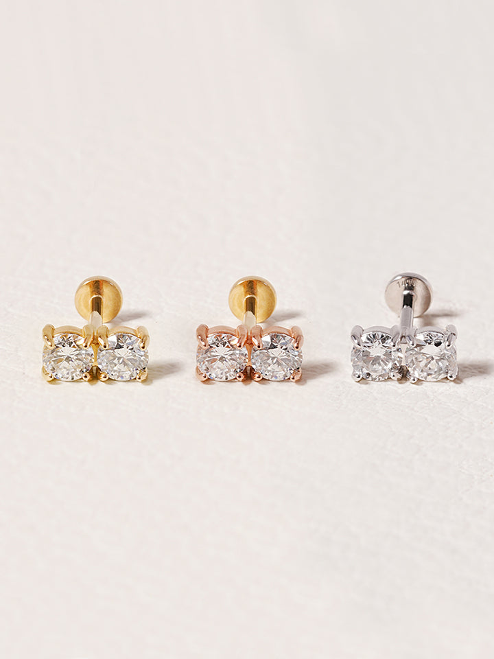 14K Solid Gold Lab Diamond Twin Stud Internally Threaded Labret Piercing 20G