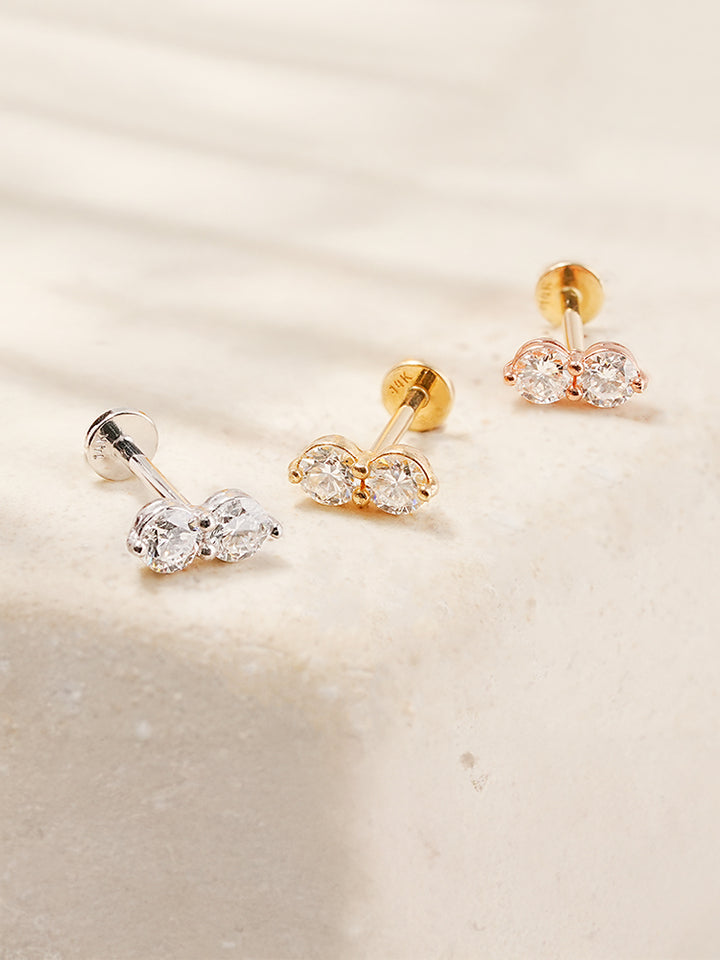 14K Solid Gold Lab Diamond Two Stone Two Way Internally Threaded Labret Piercing 20G