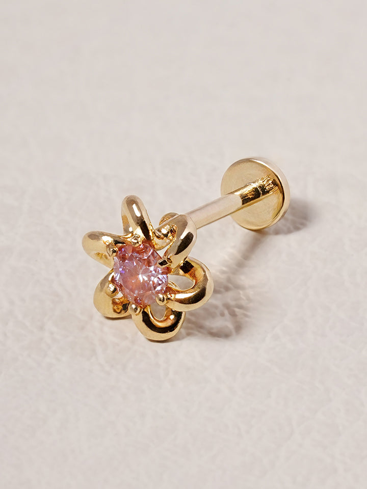 14K Solid Gold Moissanite Dia Daisy Loop Internally Threaded Labret Piercing 20G