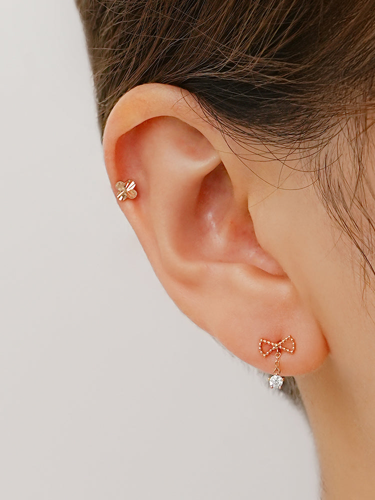 14K Solid Gold Ribbon Drop Cubic Cartilage Earring 20G