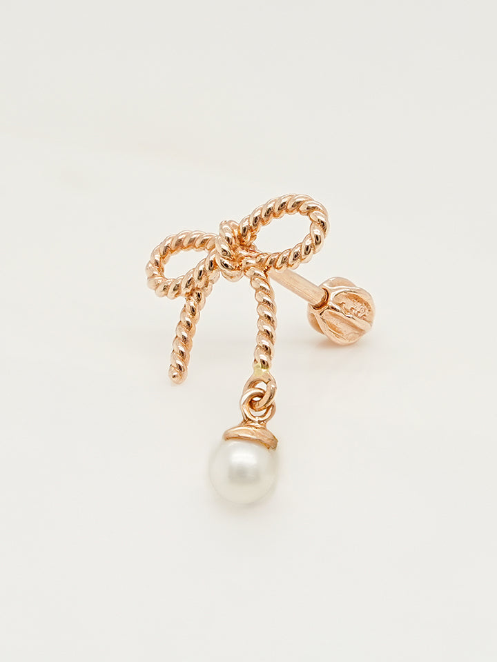 14K Gold Rose Ribbon Freshwater Pearl Drop Cartilage Earring 18G16G