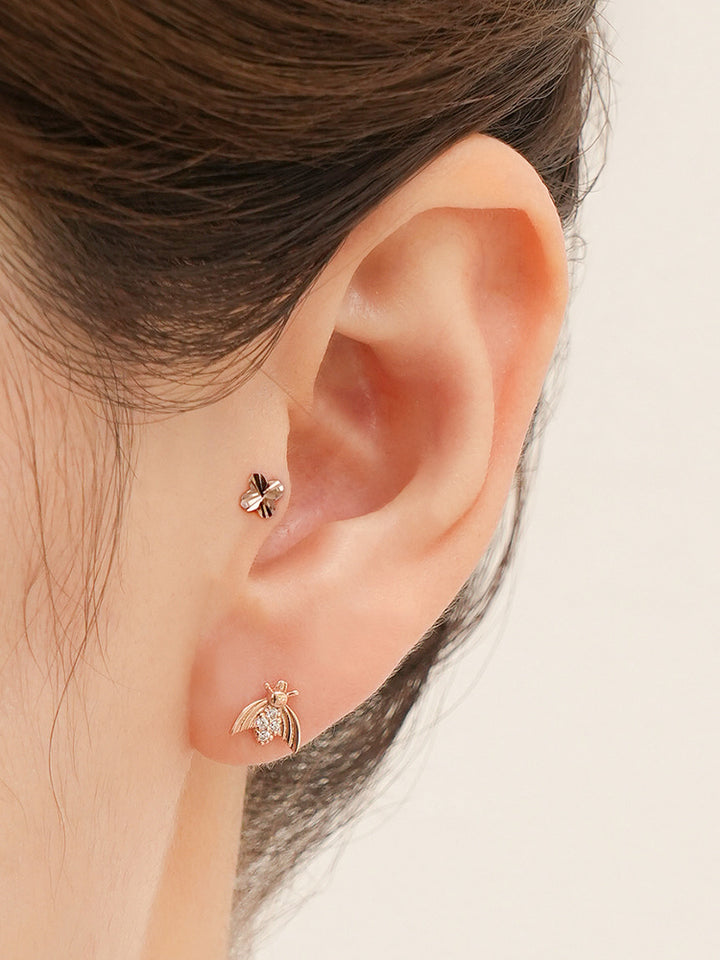 14K Solid Gold Shining Clover Cutting Cartilage Earring 20G