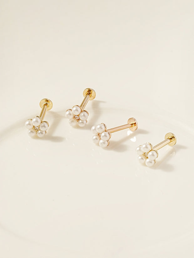 14K Gold Internally Threaded Lovely Pearl Flower Labret Piercing 18G16G