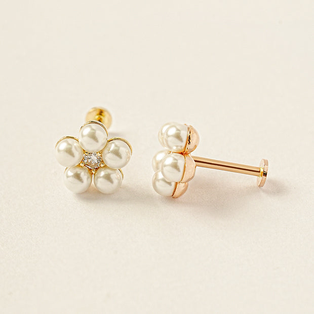 14K Gold Internally Threaded Lovely Pearl Flower Labret Piercing 18G16G