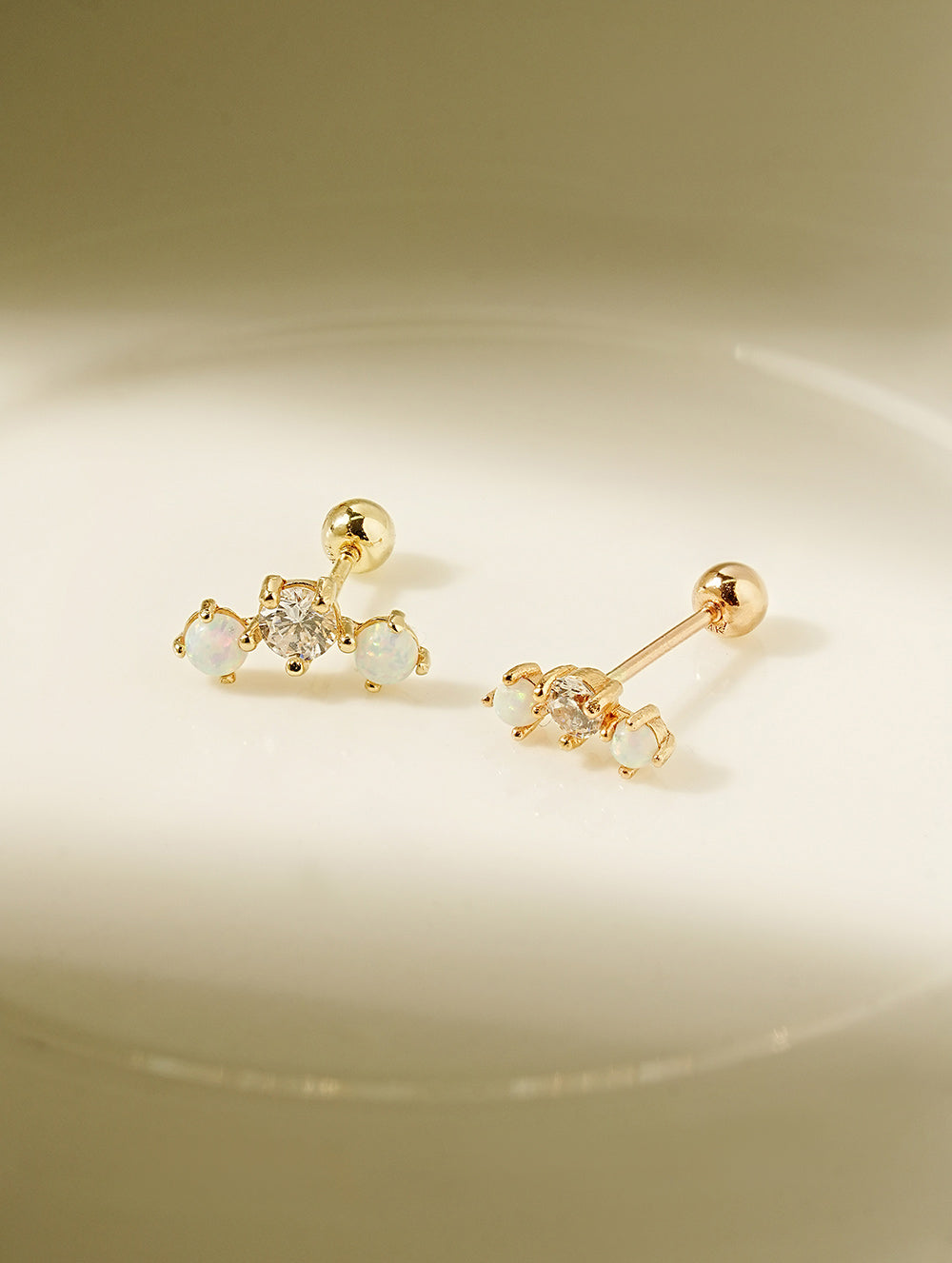 14K Solid Gold Triple Opal Cubic Cartilage Earring 20G18G16G