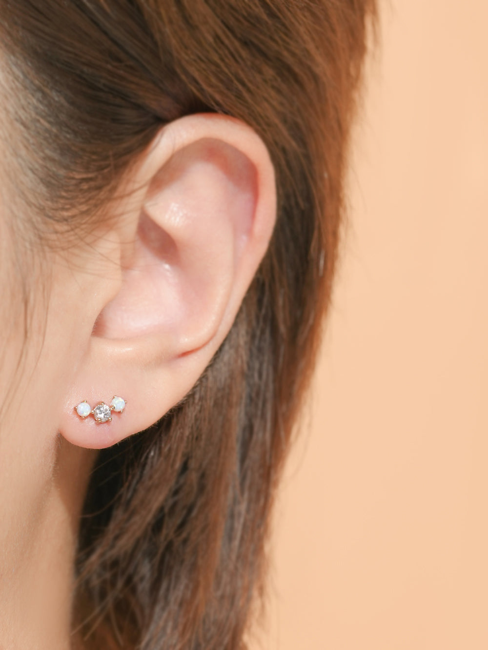 14K Solid Gold Triple Opal Cubic Cartilage Earring 20G18G16G