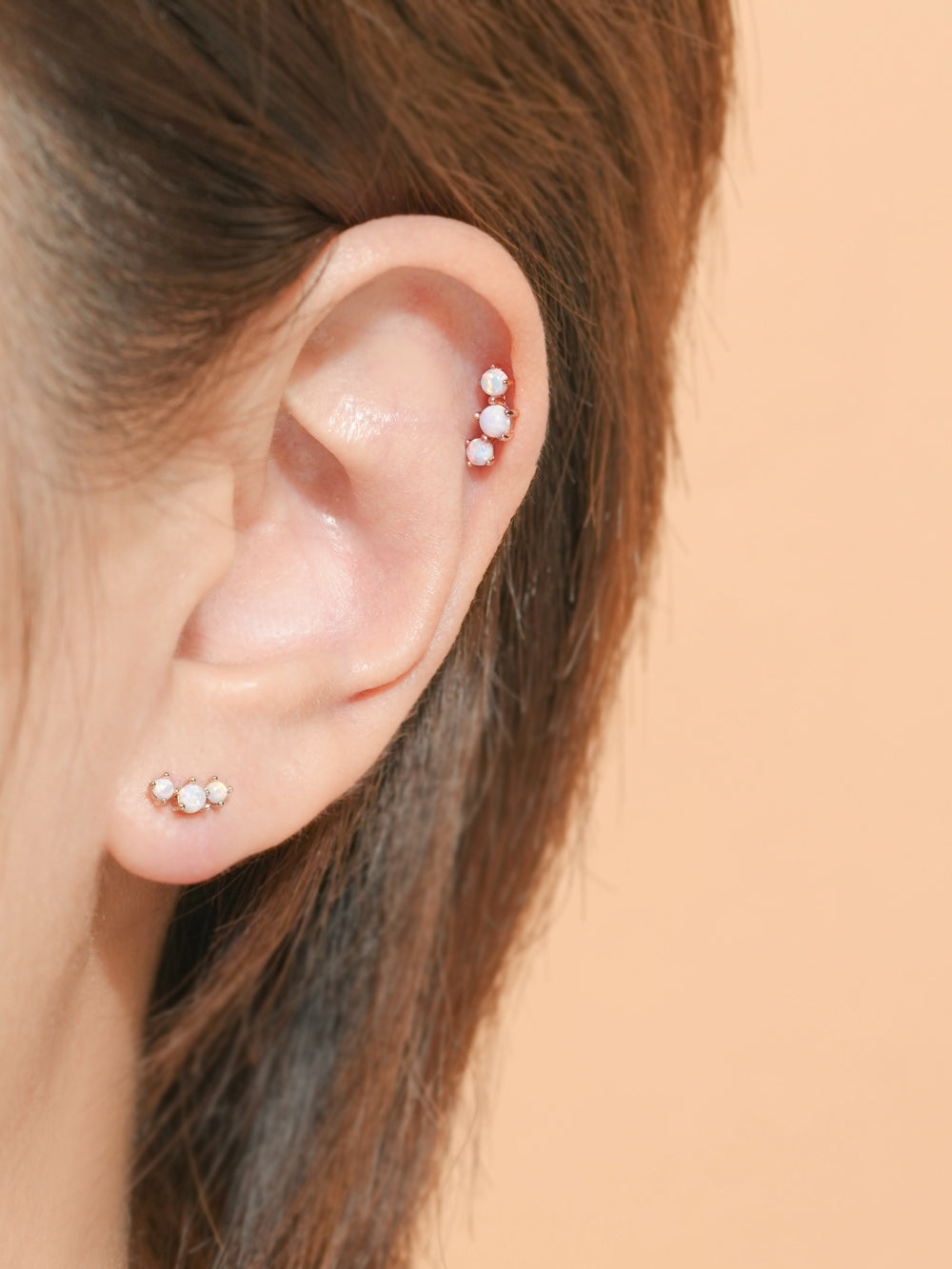 14K Solid Gold Triple Opal Cubic Cartilage Earring 20G18G16G