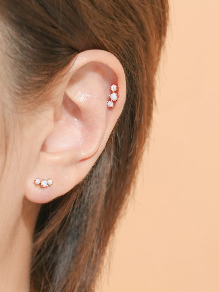 14K Solid Gold Triple Opal Cubic Cartilage Earring 20G18G16G