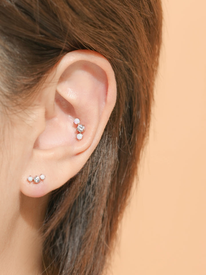 14K Solid Gold Triple Opal Cubic Cartilage Earring 20G18G16G