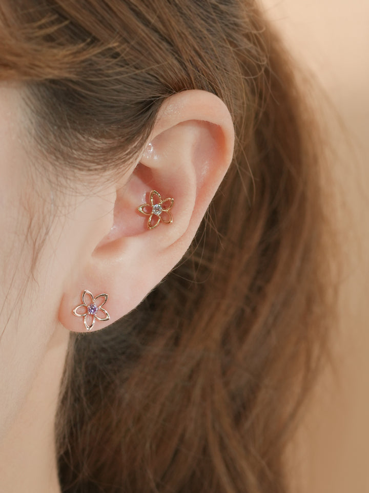 14K Solid Gold Moissanite Dia Olivia Flower Cartilage Earring 20G18G16G