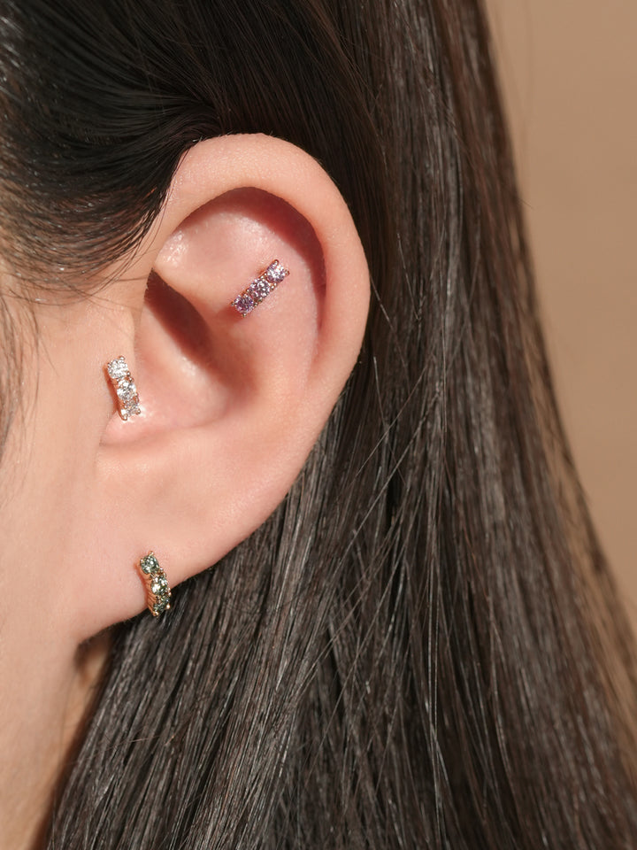 14K Gold Moissanite Dia Triple Color Curve Cartilage Earring 20G18G16G
