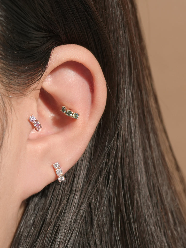 14K Gold Moissanite Dia Triple Color Curve Cartilage Earring 20G18G16G