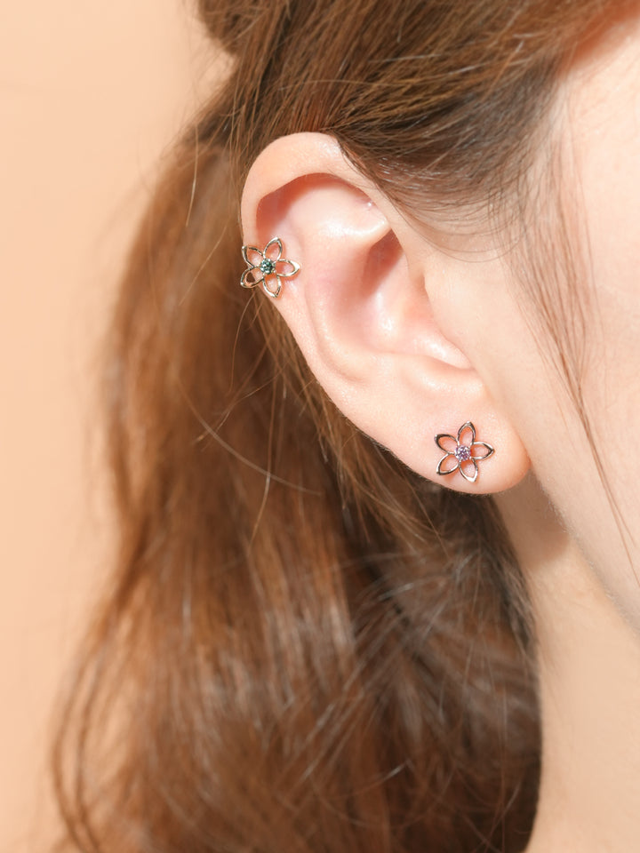 14K Solid Gold Moissanite Dia Olivia Flower Cartilage Earring 20G18G16G