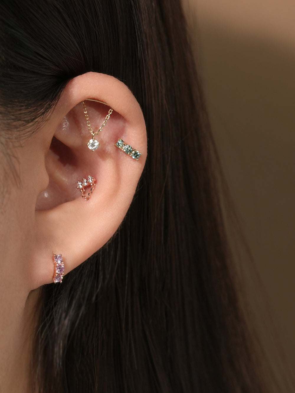 14K Gold Moissanite Dia Triple Color Curve Cartilage Earring 20G18G16G