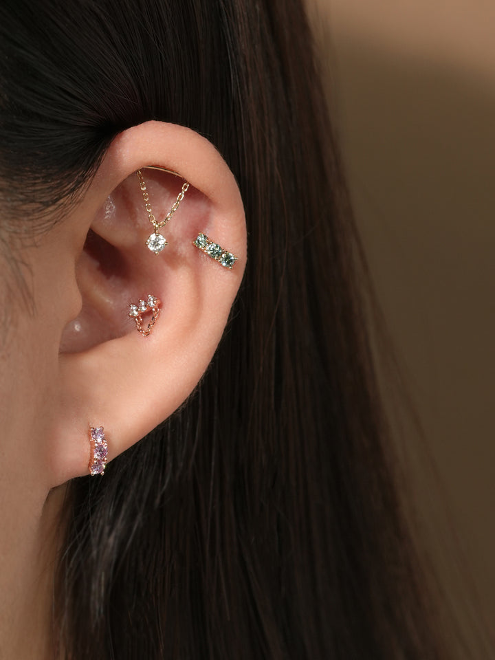 14K Gold Moissanite Dia Triple Color Curve Cartilage Earring 20G18G16G