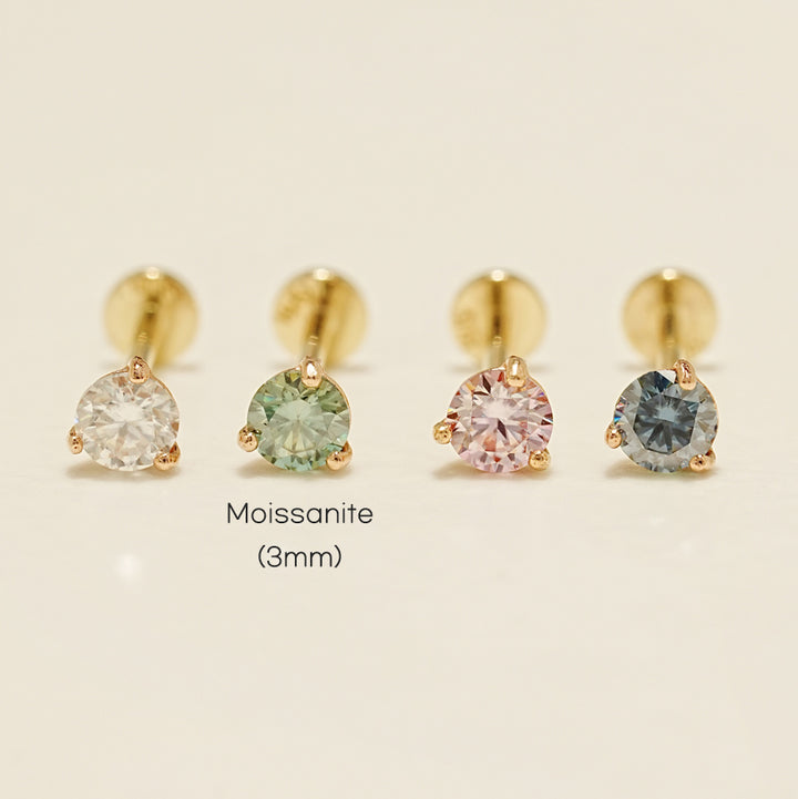 14K Gold 3 Pronged Moissanite Internally Threaded Labret Piercing 20G18G16