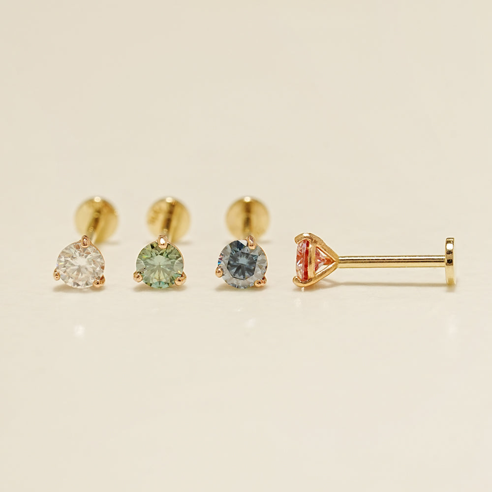 14K Gold 3 Pronged Moissanite Internally Threaded Labret Piercing 20G18G16