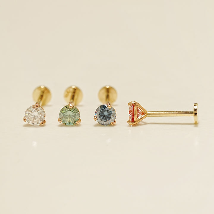 14K Gold 3 Pronged Moissanite Internally Threaded Labret Piercing 20G18G16