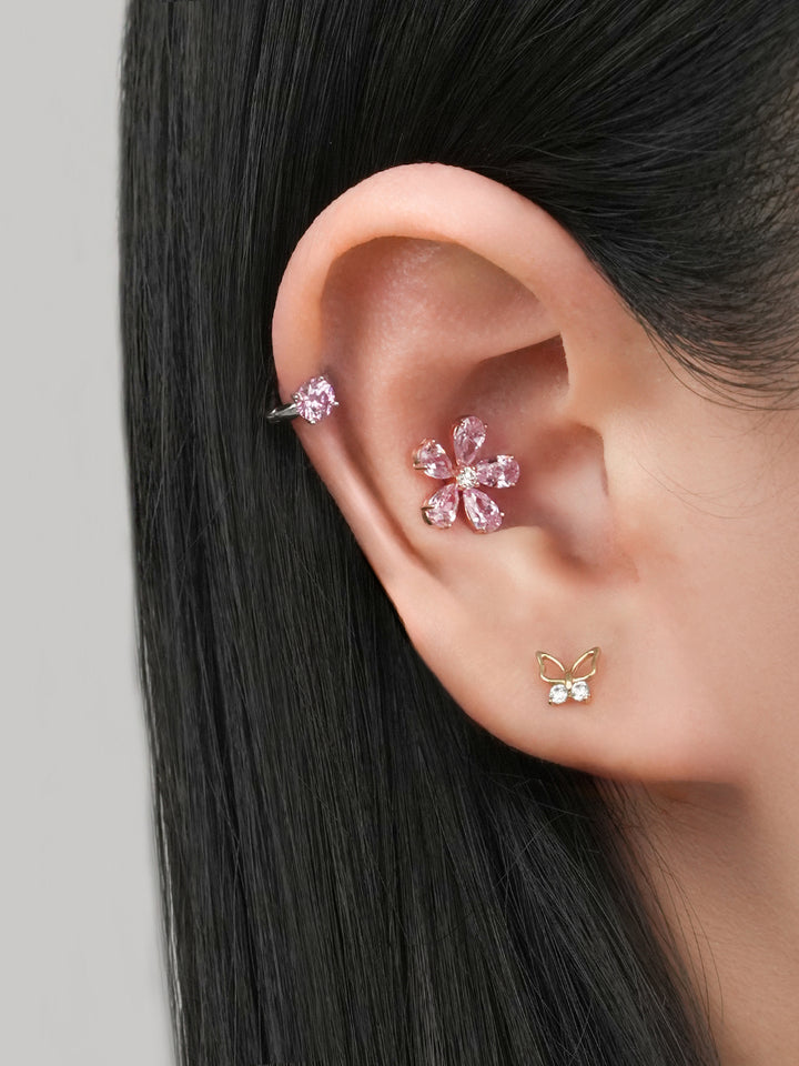 14K Solid Gold Big Flower Color Cubic Cartilage Earring 20G