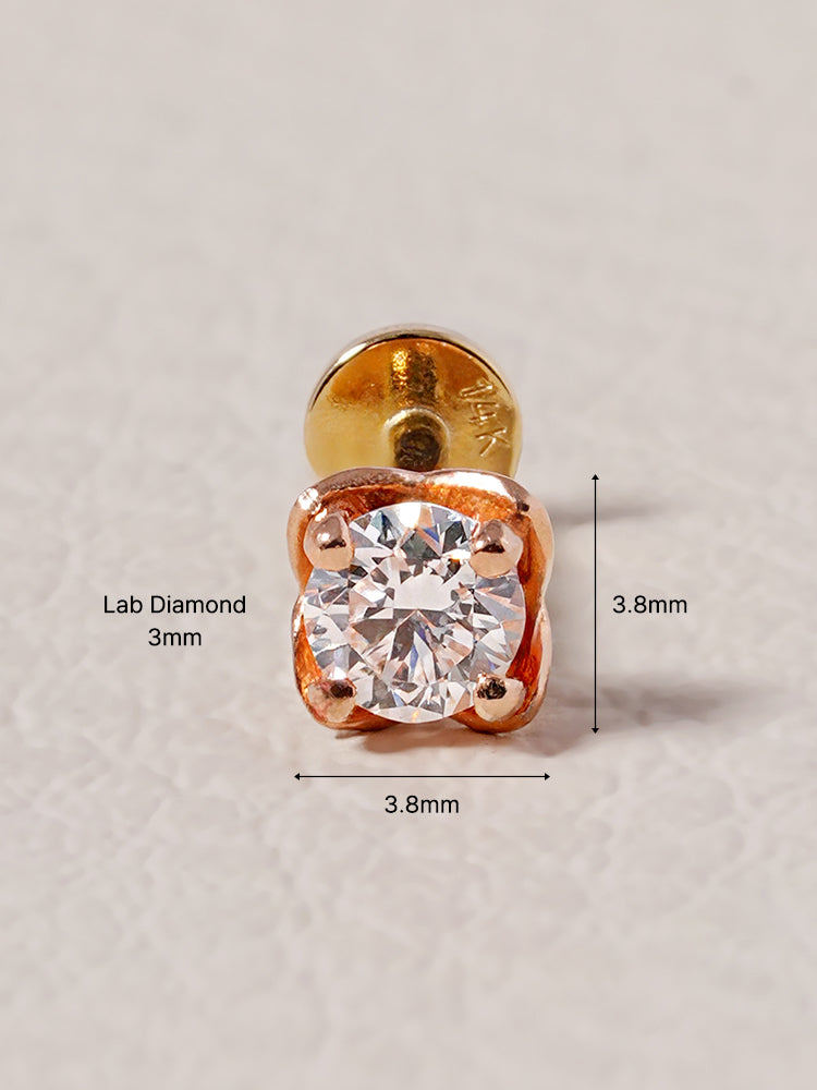 14K Solid Gold Lab Diamond Classic Square Internally Threaded Labret Piercing 20G