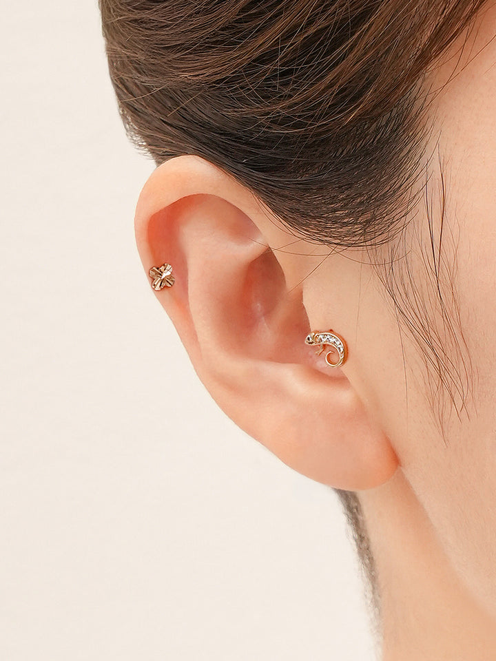 14K Solid Gold Kitsch Lizard Cubic Cartilage Earring 20G