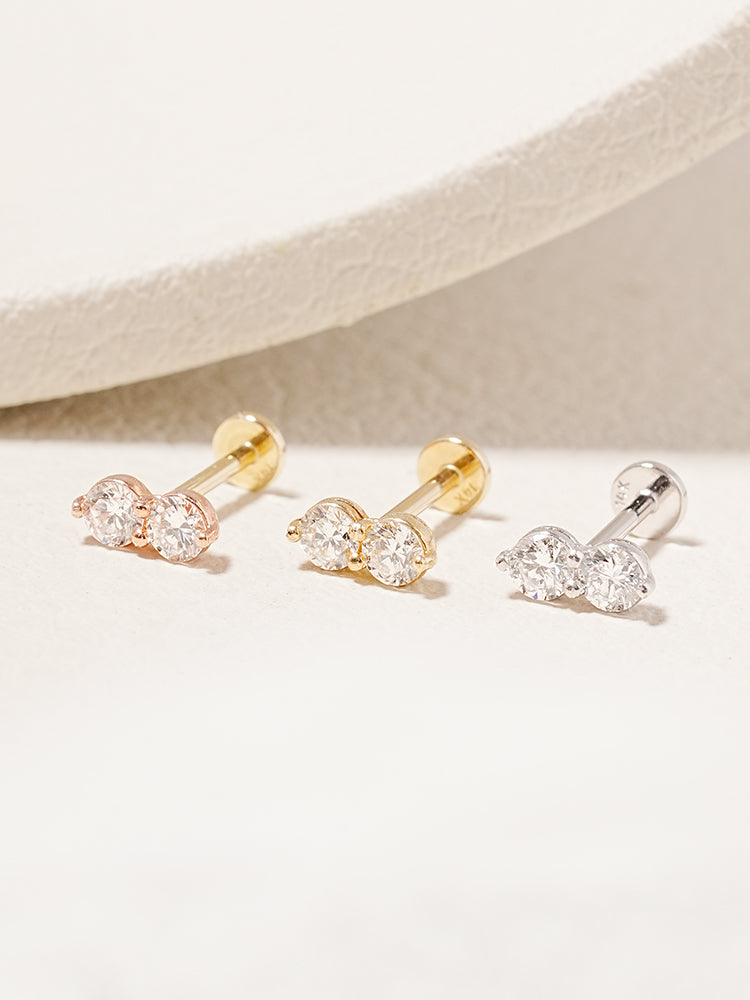 14K Solid Gold Lab Diamond Two Stone Two Way Internally Threaded Labret Piercing 20G