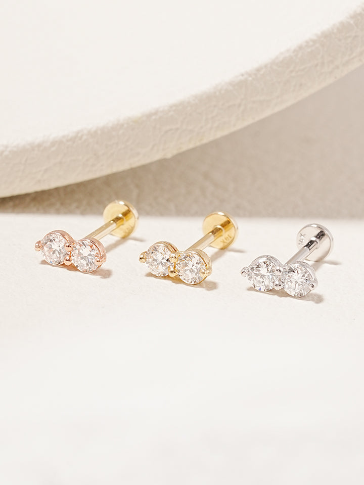 14K Solid Gold Lab Diamond Two Stone Two Way Internally Threaded Labret Piercing 20G