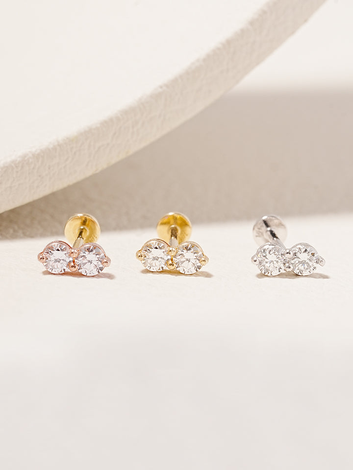 14K Solid Gold Lab Diamond Two Stone Two Way Internally Threaded Labret Piercing 20G