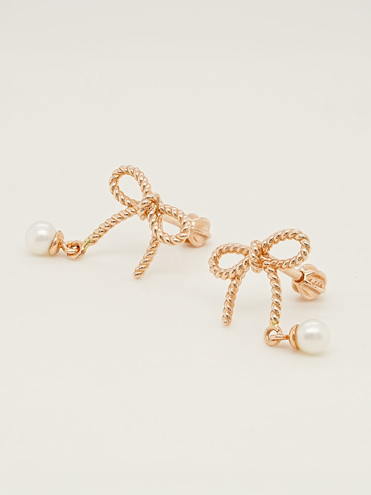 14K Gold Rose Ribbon Freshwater Pearl Drop Cartilage Earring 18G16G