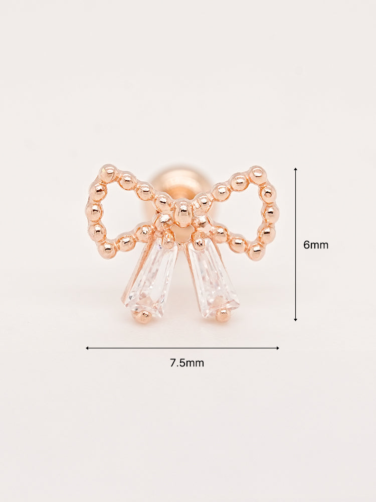 14K Solid Gold Shining Ribbon Knot Cartilage Earring 20G