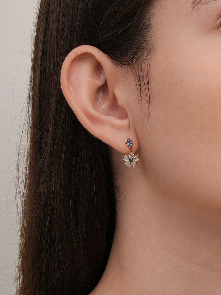 14K Solid Gold Brightening Sapphire Flower Drop Cartilage Earring 18G