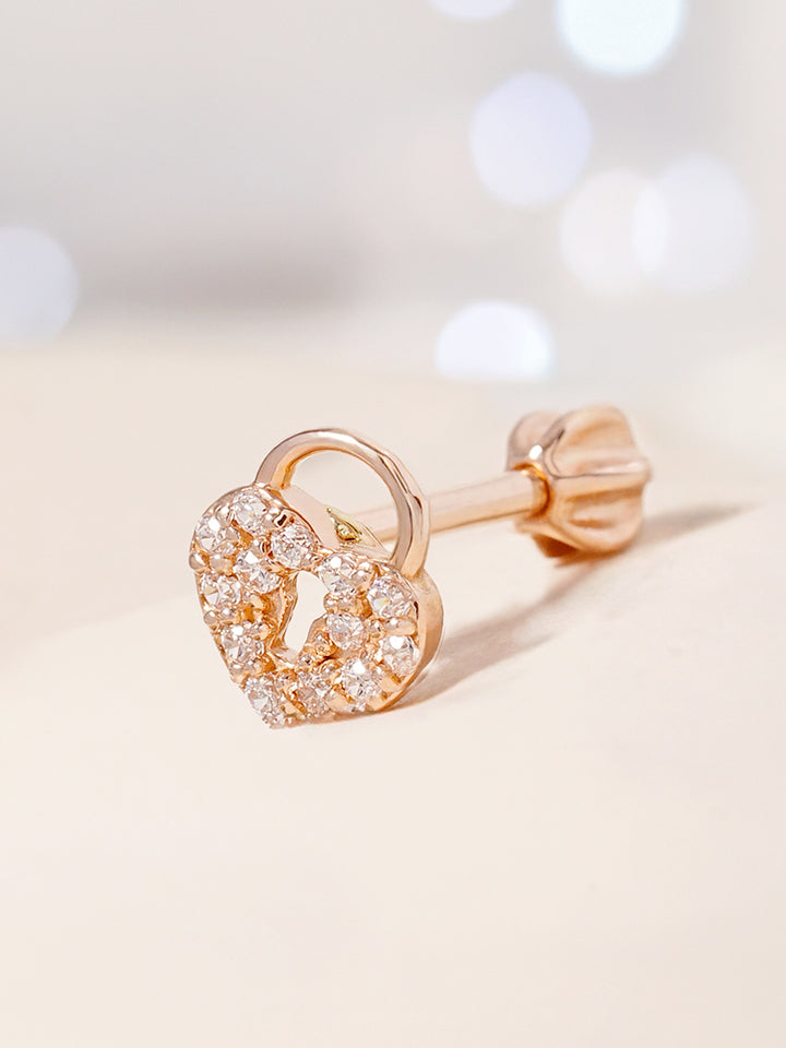 14K Gold Heart Love Lock Cartilage Earring 18G16G