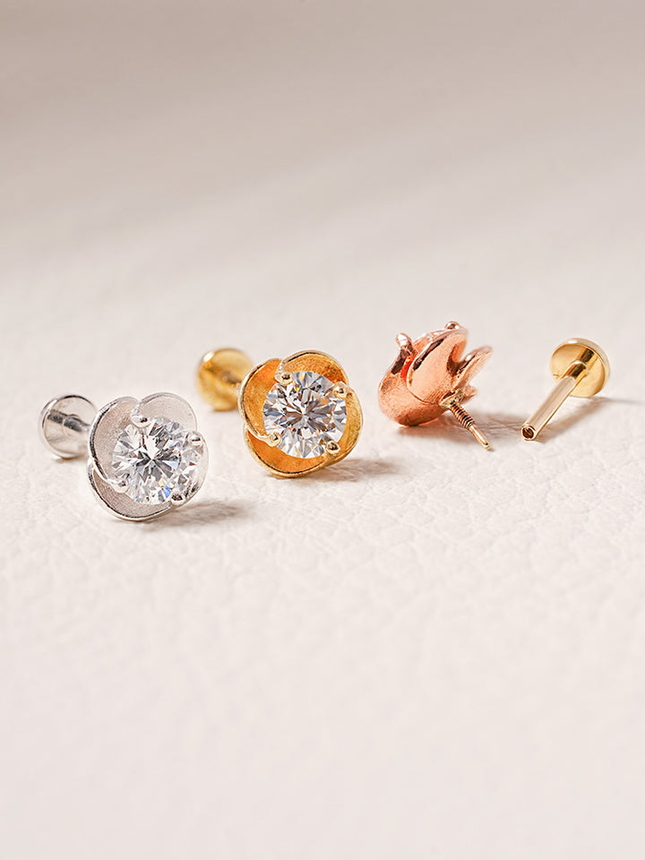 14K Solid Gold Lab Diamond Rose Internally Threaded Labret Piercing 20G