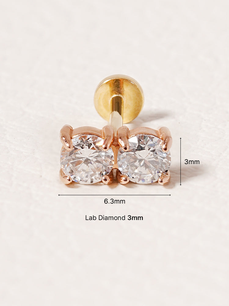 14K Solid Gold Lab Diamond Twin Stud Internally Threaded Labret Piercing 20G