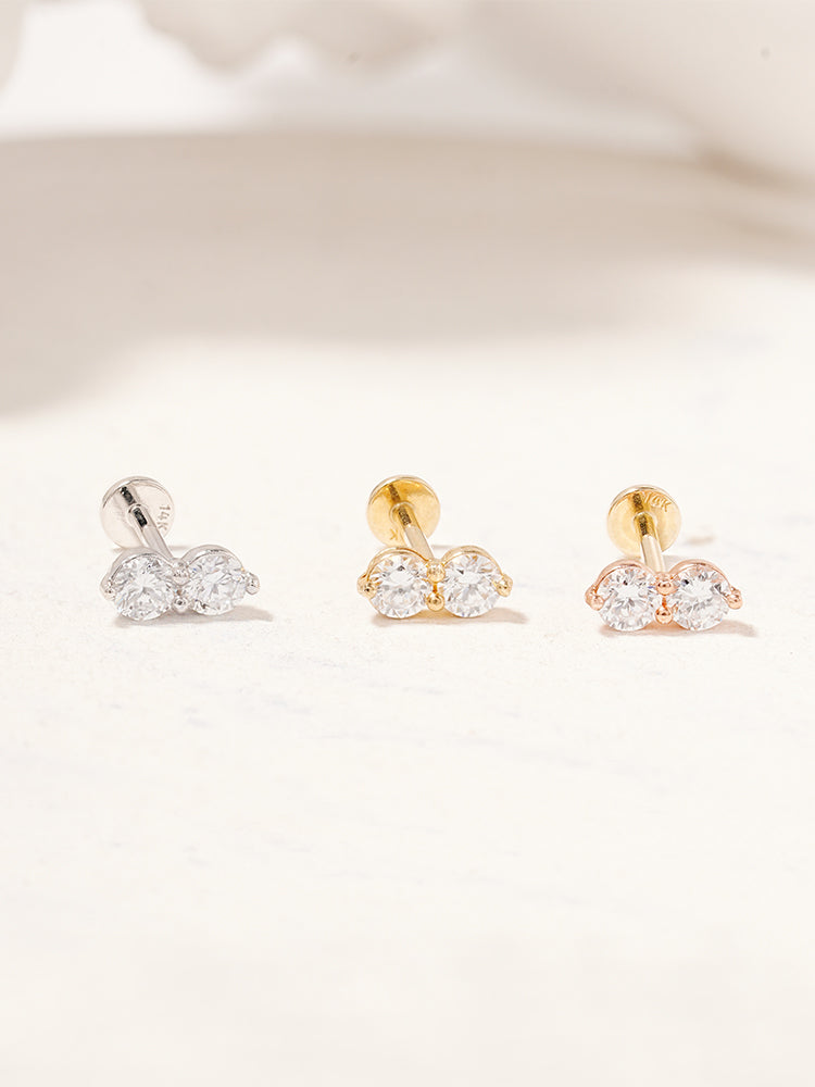 14K Solid Gold Lab Diamond Two Stone Two Way Internally Threaded Labret Piercing 20G