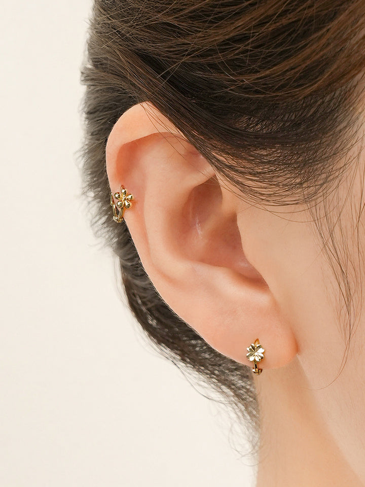 14K 18K Solid Gold Lucky Clover Mini Flower Cartilage Hoop Earring