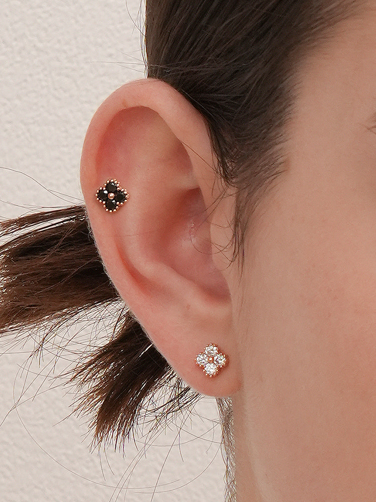 14K Solid Gold Midnight Clover Bloom Cartilage Earring 18G16G