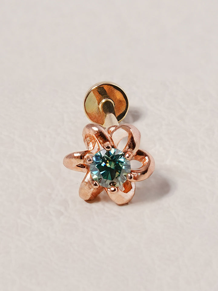 14K Solid Gold Moissanite Dia Daisy Loop Internally Threaded Labret Piercing 20G