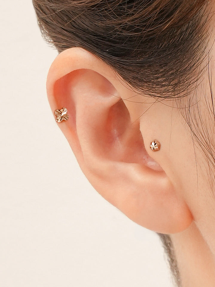 14K Solid Gold Shining Clover Cutting Cartilage Earring 20G