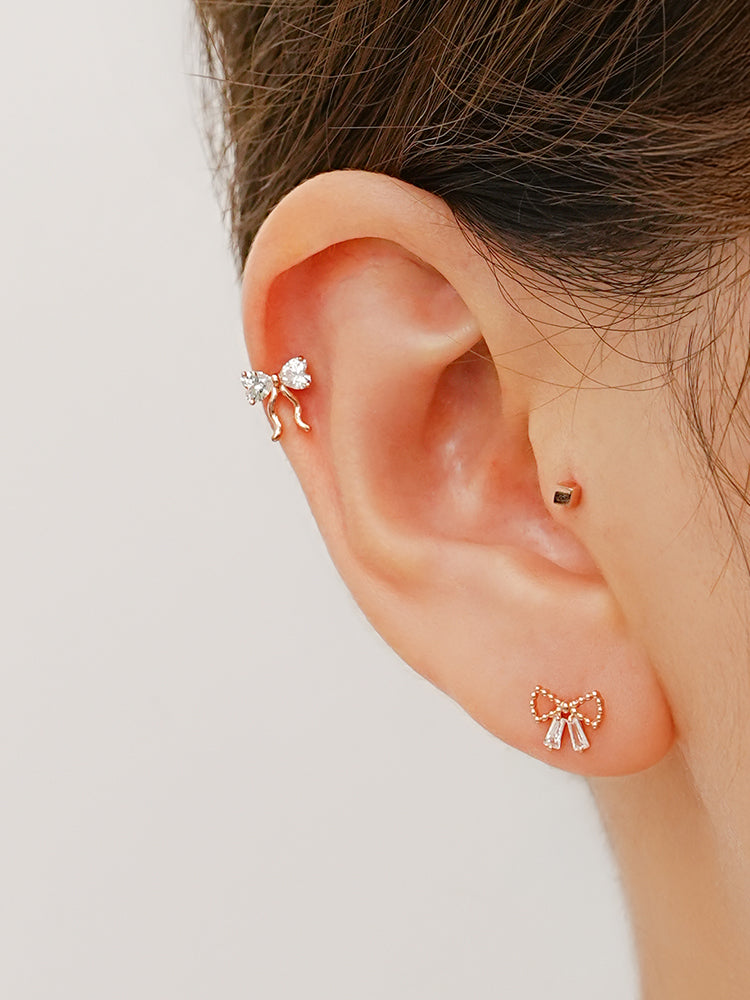 14K Solid Gold Shining Ribbon Knot Cartilage Earring 20G