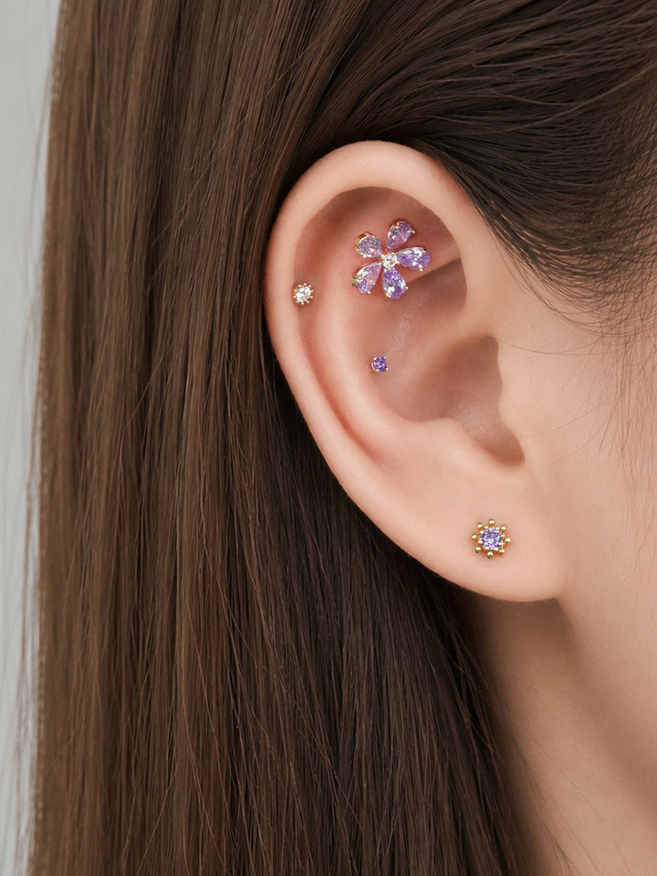 14K Solid Gold Big Flower Color Cubic Cartilage Earring 20G