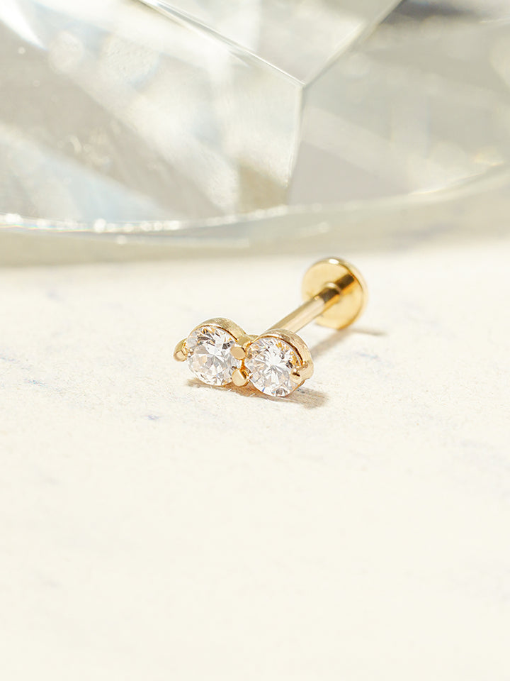 14K Solid Gold Lab Diamond Two Stone Two Way Internally Threaded Labret Piercing 20G
