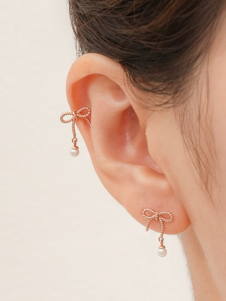 14K Gold Rose Ribbon Freshwater Pearl Drop Cartilage Earring 18G16G