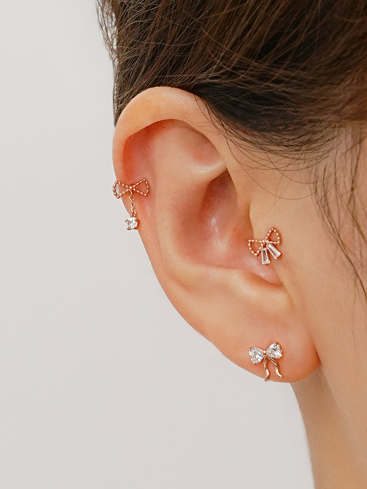 14K Solid Gold Shining Ribbon Knot Cartilage Earring 20G