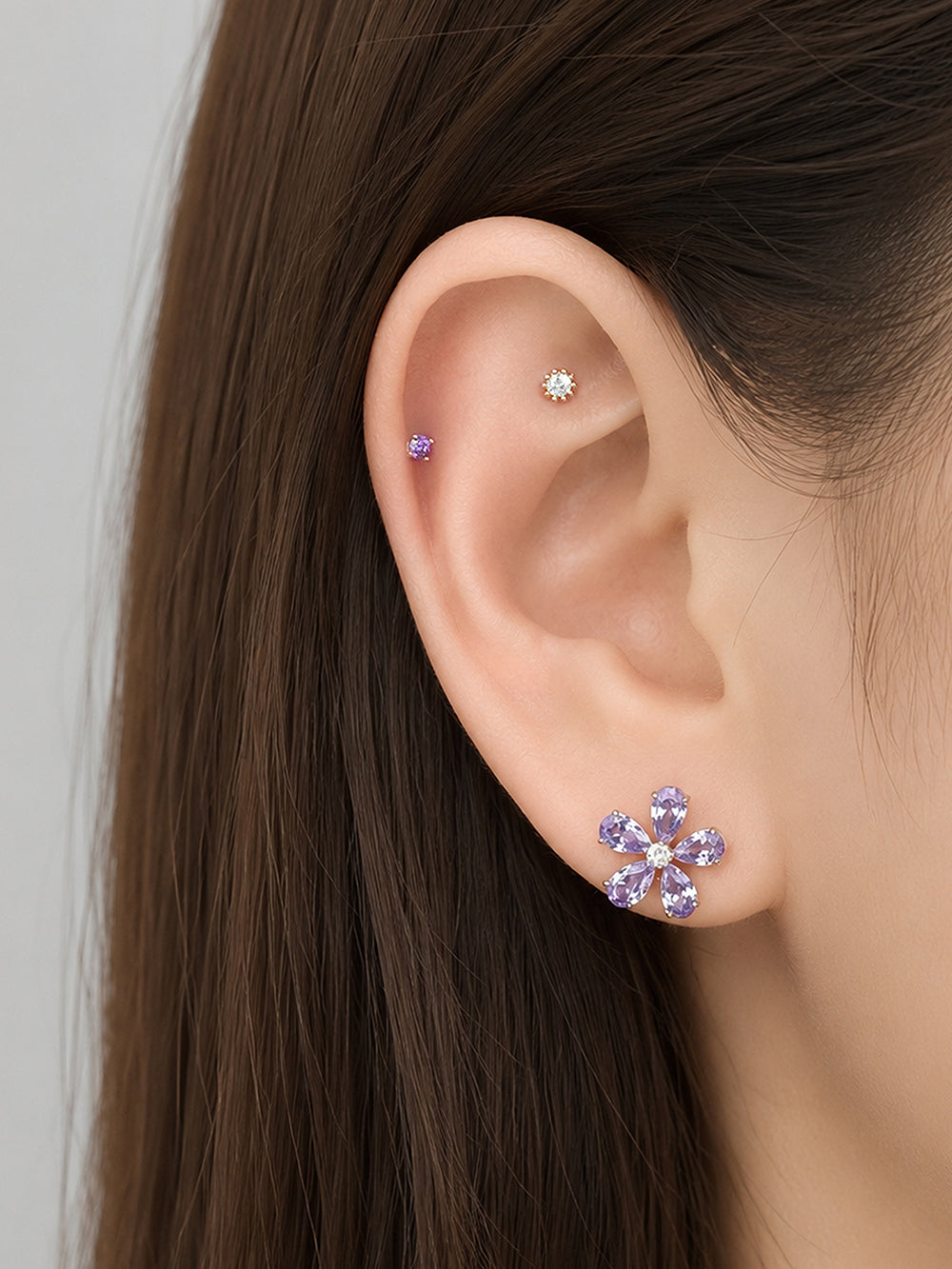14K Solid Gold Big Flower Color Cubic Cartilage Earring 20G