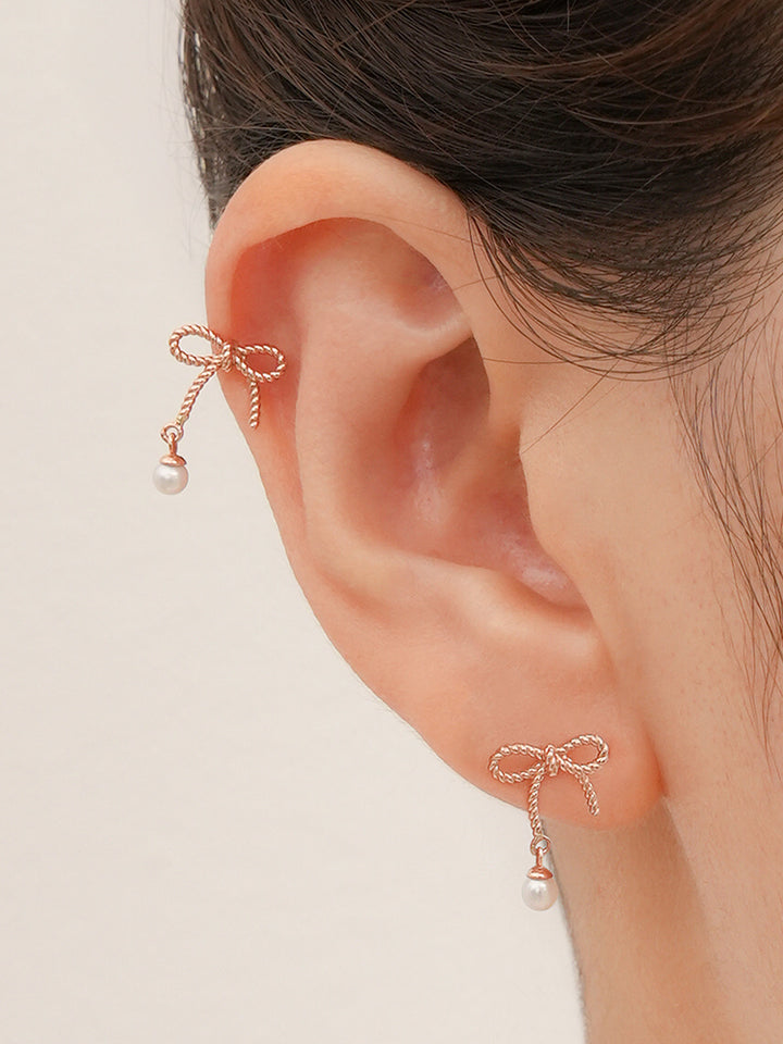 14K Gold Rose Ribbon Freshwater Pearl Drop Cartilage Earring 18G16G