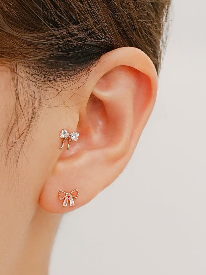 14K Solid Gold Shining Ribbon Knot Cartilage Earring 20G