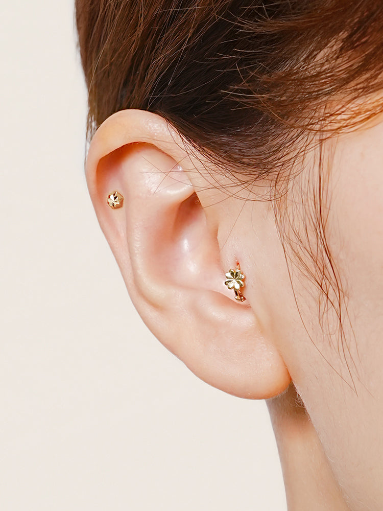 14K 18K Solid Gold Lucky Clover Mini Flower Cartilage Hoop Earring